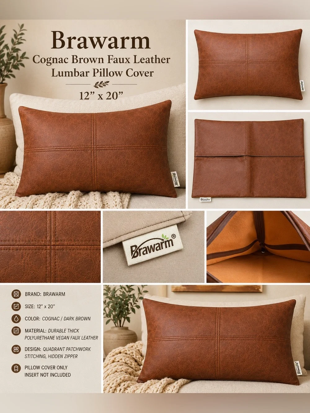 Brawarm Cognac Brown Faux Leather Lumbar Pillow Cover 12x20 Farmhouse